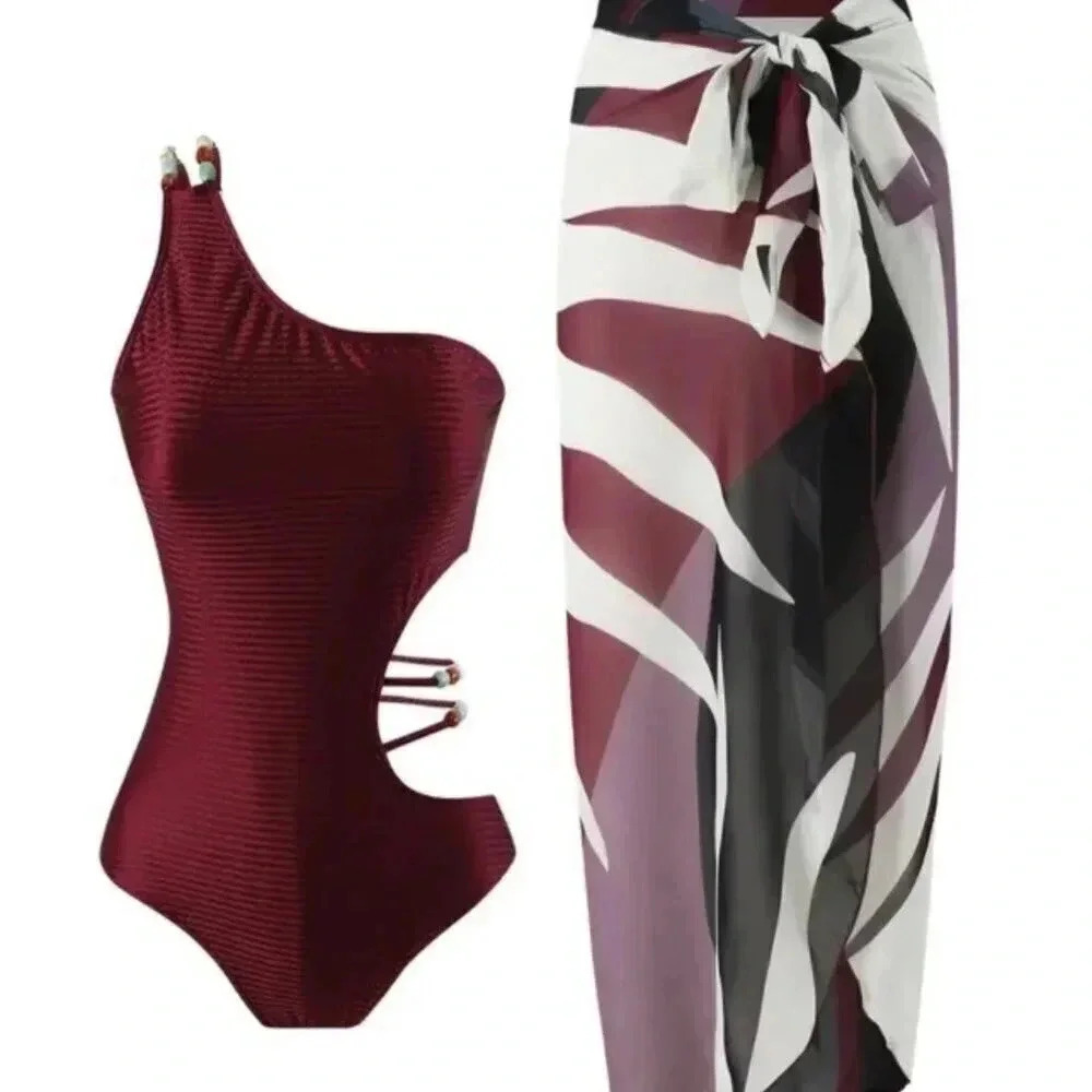 Beaded One Shoulder 2 Piece Swimsuit (Color: Burgundy)